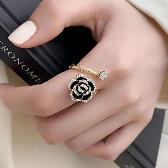 Black Rose Flower Metal Opening Ring for Women Girls with Zircon Jewelry