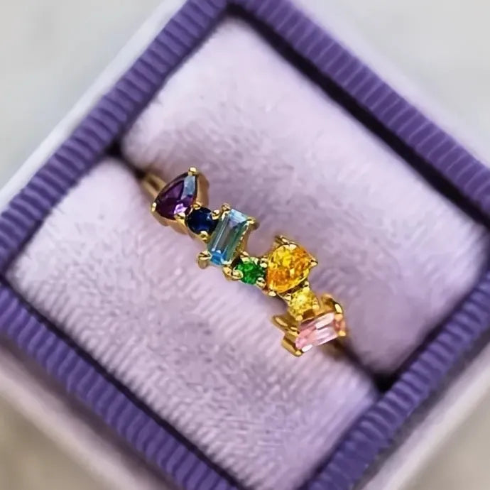 Gold Color Rainbow CZ Geometric Wedding Band Ring for Women Brass Jewelry
