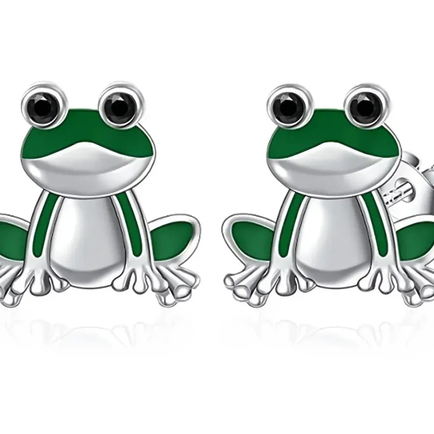 Green Frog Brass Enamel Stud Earrings Animal Jewelry Gift for Women & Teens