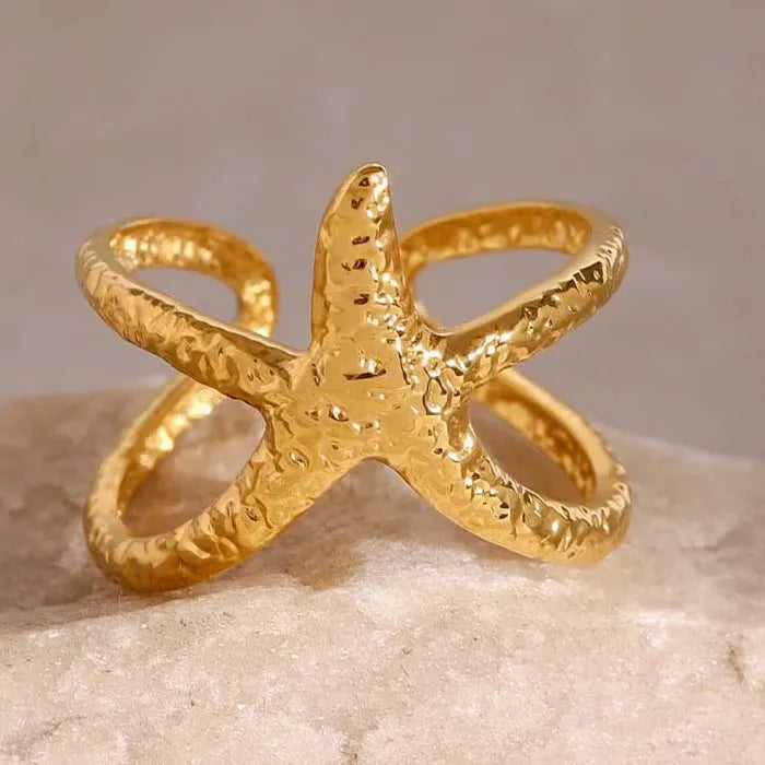 Adjustable Stainless Steel Starfish Ring for Women Men Gold Jewelry Gift