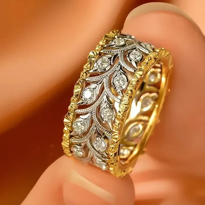 Two-tone Hollow-out Leaf Pattern Brass Ring with Cubic Zirconia for Women Wedding Jewelry