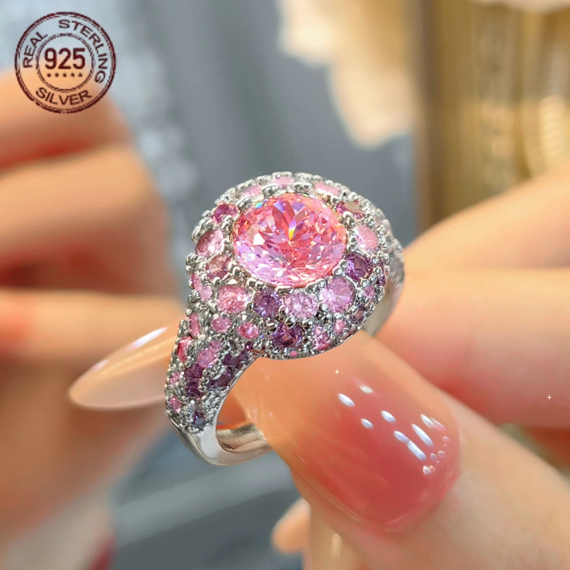 2026 Delicate High Carbon Pink Zircon 925 Sterling Silver Wedding Band – White Gold Plated