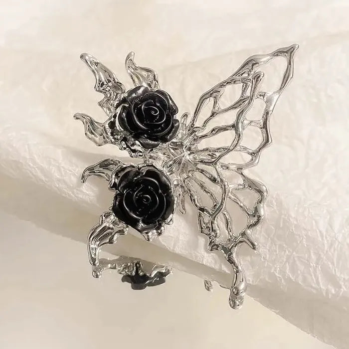 Adjustable Vintage Punk Black Rose Butterfly Animal Ring for Women Jewelry