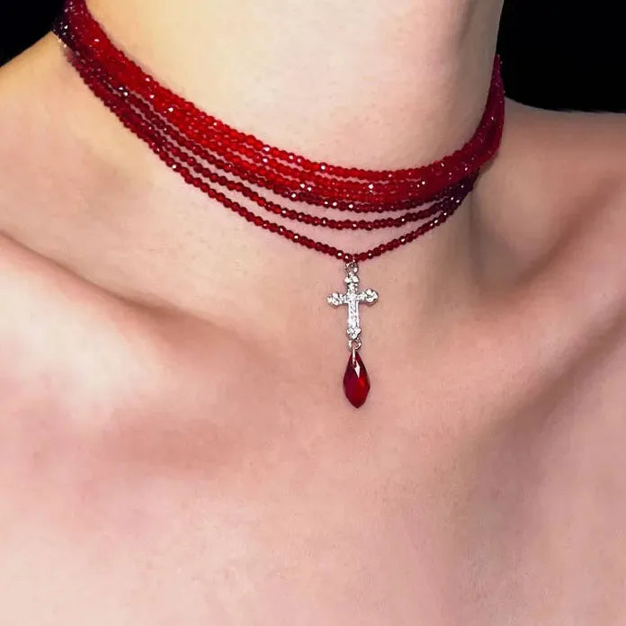 Punk Gothic Red Rhinestone Cross Crystal Pendant Choker Necklace Women