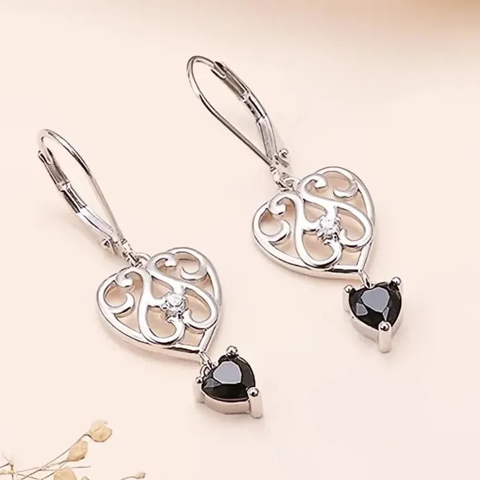 Hollow Heart Dangle Earrings with Black Cubic Zirconia Sparkle for Women