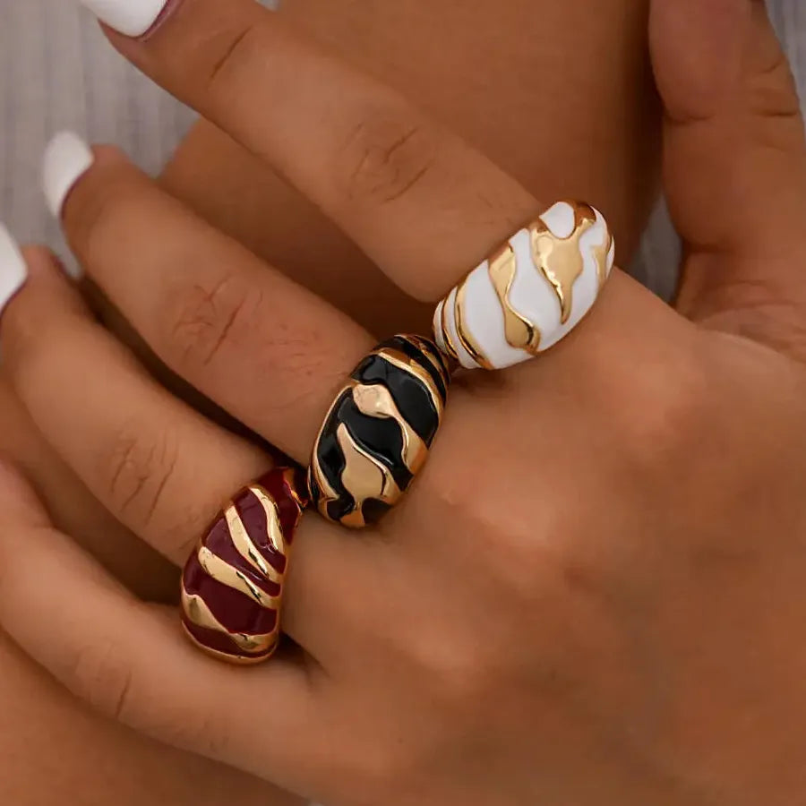 Vintage Gold Geometric Enamel Oil Drip Cocktail Ring for Women Men