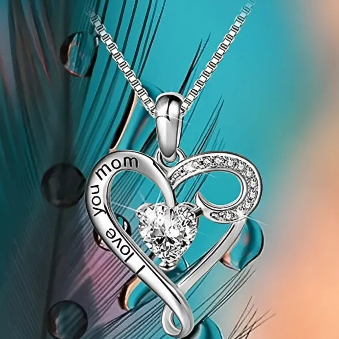 Romantic Heart Pendant Necklace I Love You Mom CZ Jewelry Gift Women