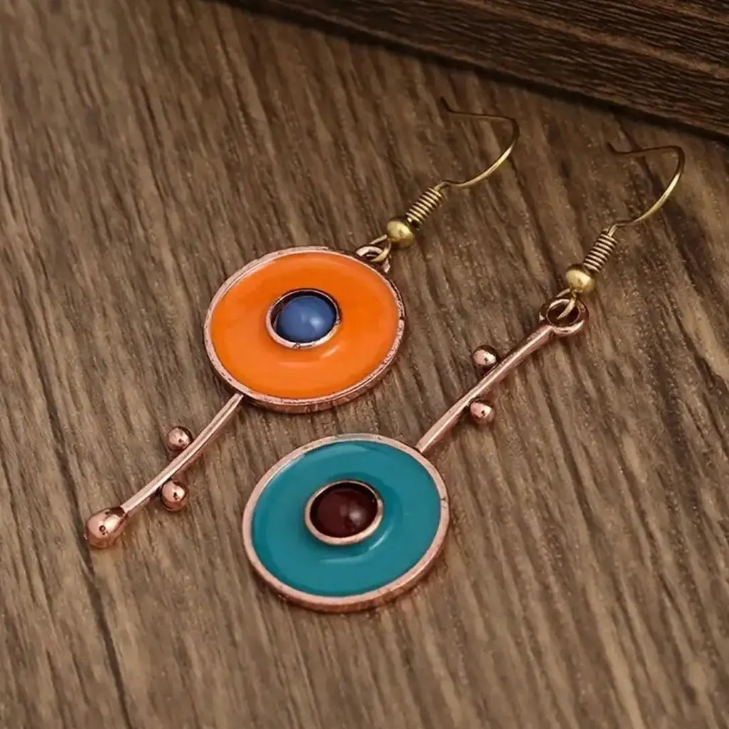 Bronze Metal Drop Earrings with Orange Blue Stone for Women Ethnic Jewelry