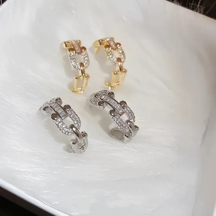 Chain Link Geometric Hoop Earrings for Women Girls, Copper Alloy CZ Silver Gold