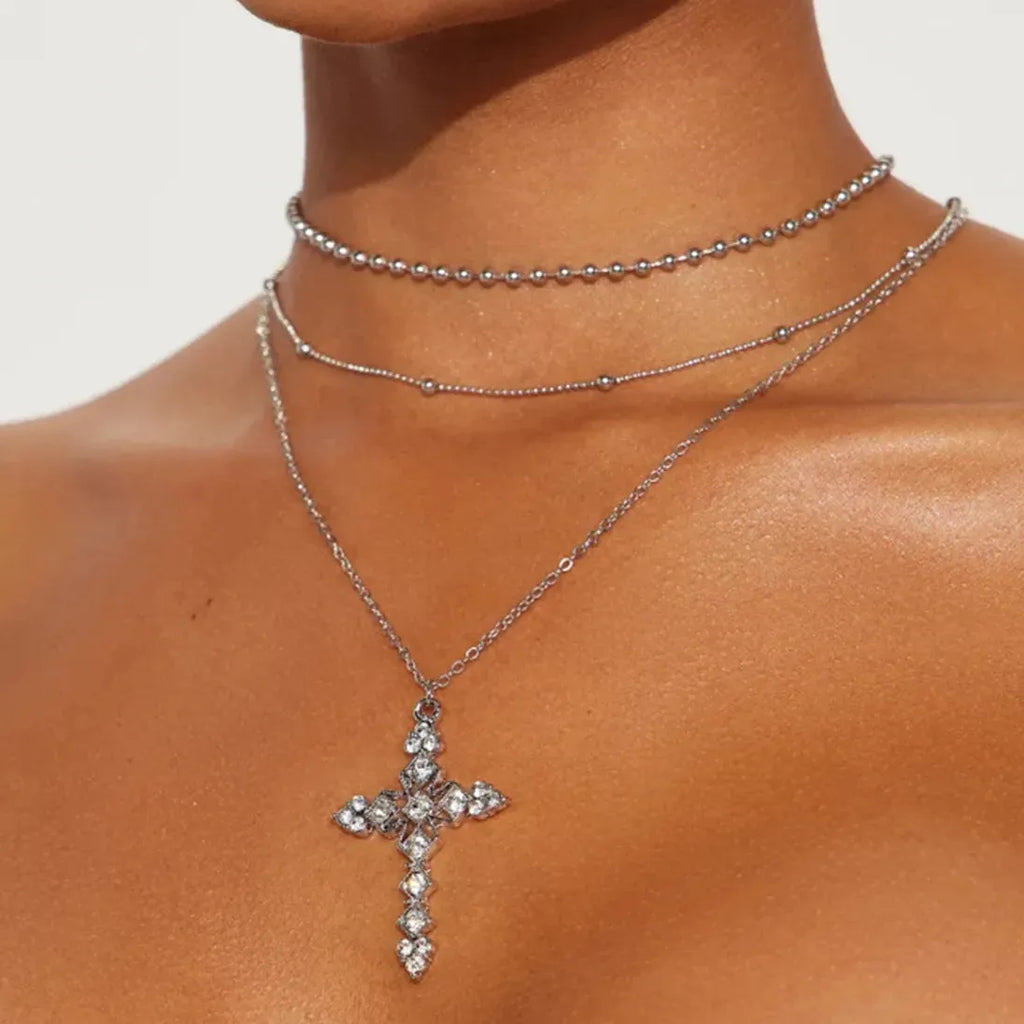 Neo-Gothic Rhinestone Cross Pendant Necklace Punk Choker for Women