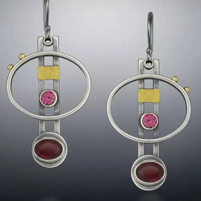 Retro Hollow Circular Synthetic Red Zircon Earrings Bohemian Jewelry
