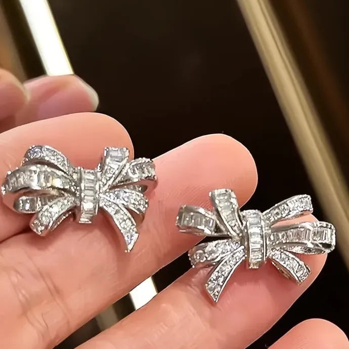 Bowknot Women Stud Earrings Copper CZ Shining Party Engagement Jewelry