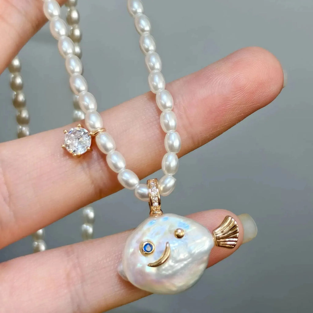Geometric Irregular Freshwater Pearl Necklace Pink Fish Crab Pendant Choker Jewelry