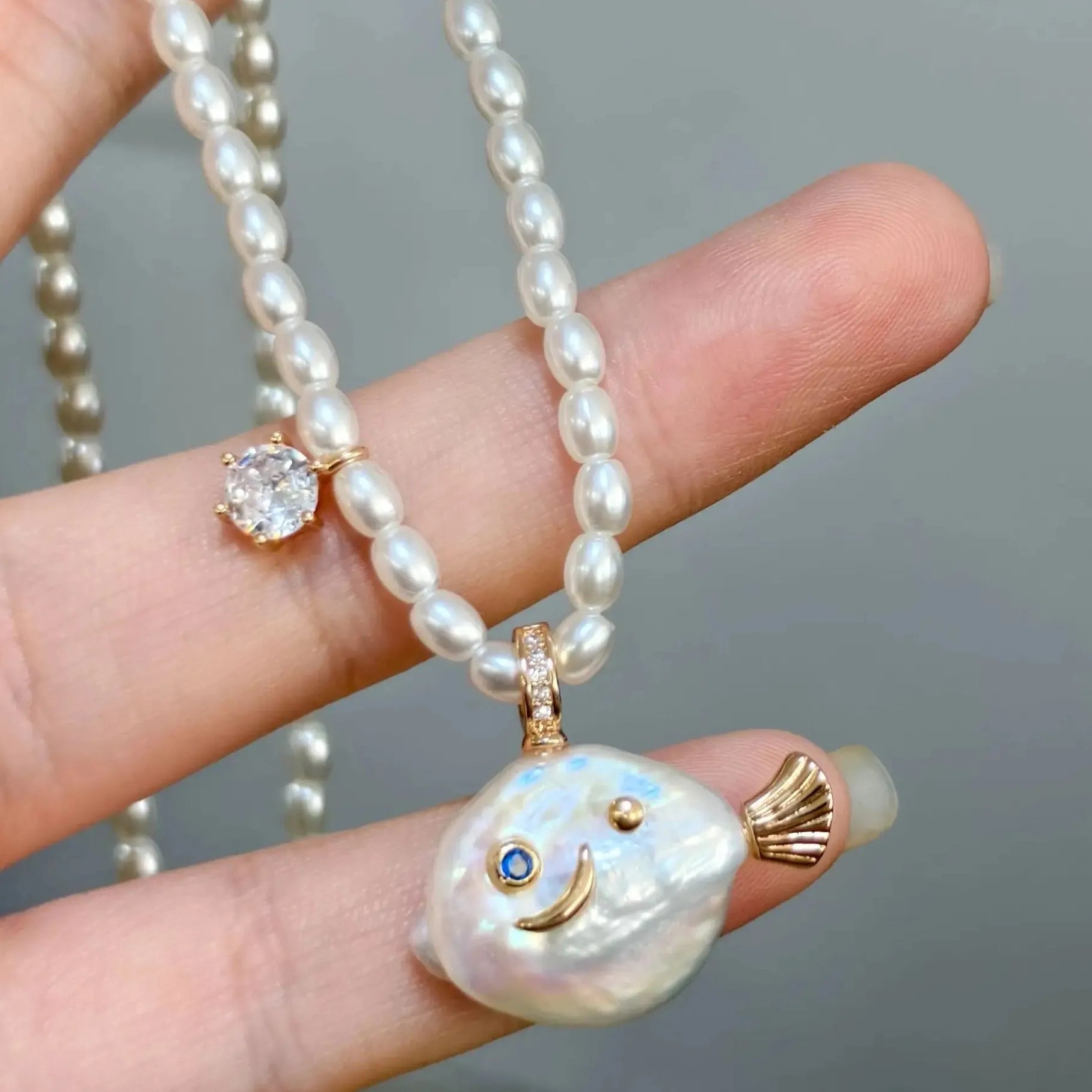 Geometric Irregular Freshwater Pearl Necklace Pink Fish Crab Pendant Choker Jewelry