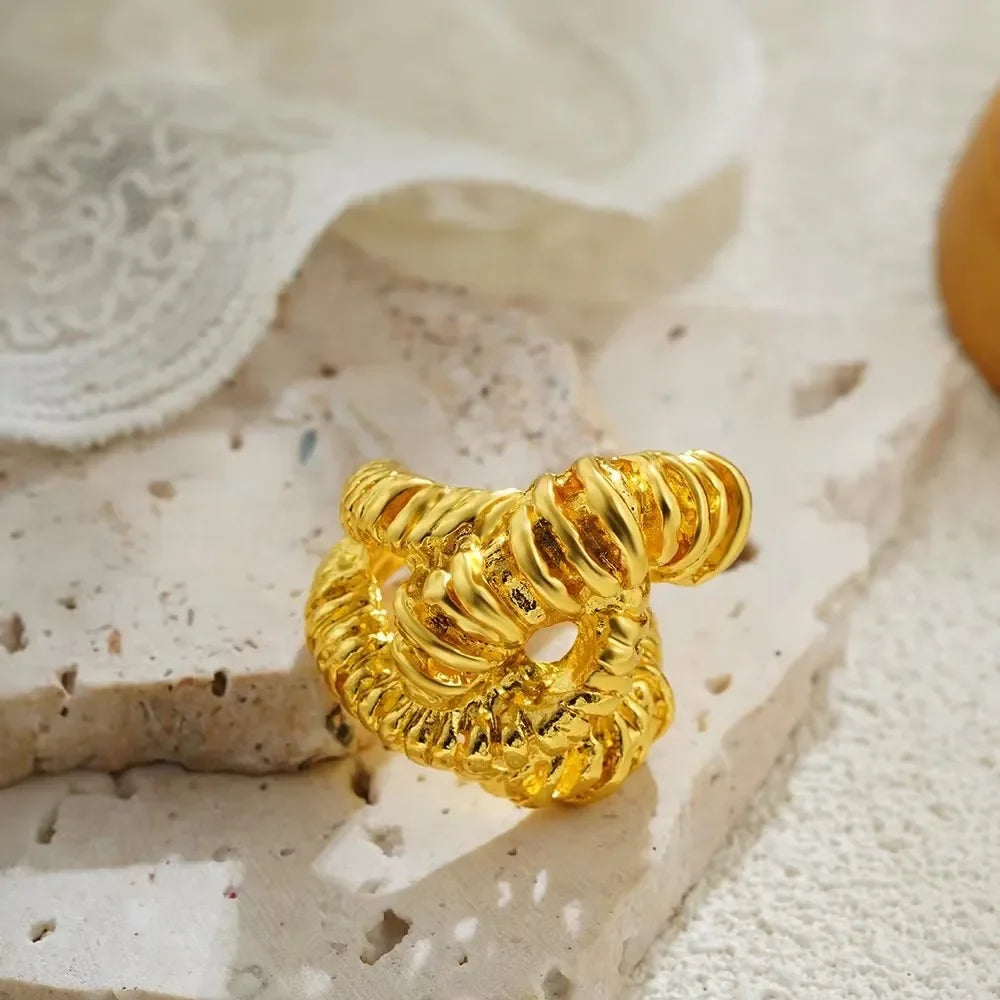 Chunky Oversize Lava Textured Open Ring Adjustable Stainless Steel Gold Plated
