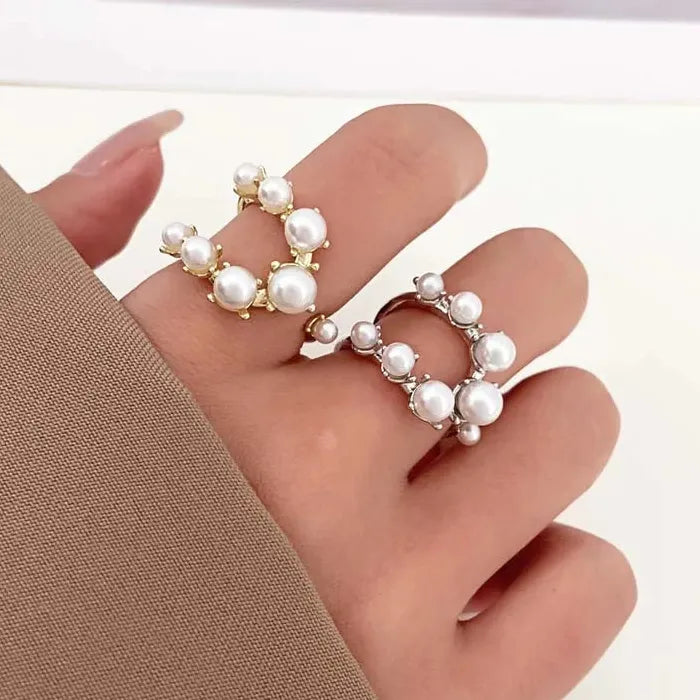 Adjustable Vintage White Pearl Double Layer Geometric Crystal Mood Tracker Ring for Women