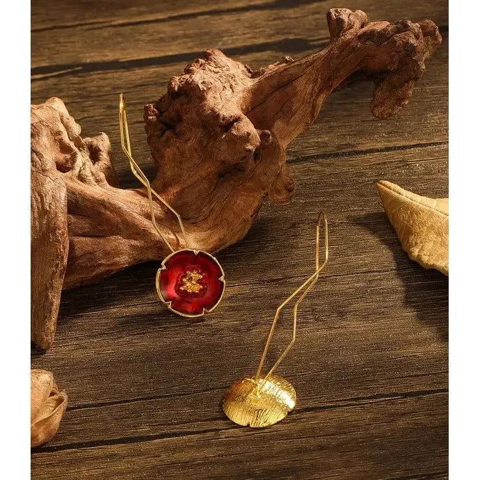 Red Silk Long Hook Drop Earrings with Flower Design Zinc Alloy Jewelry Gifts