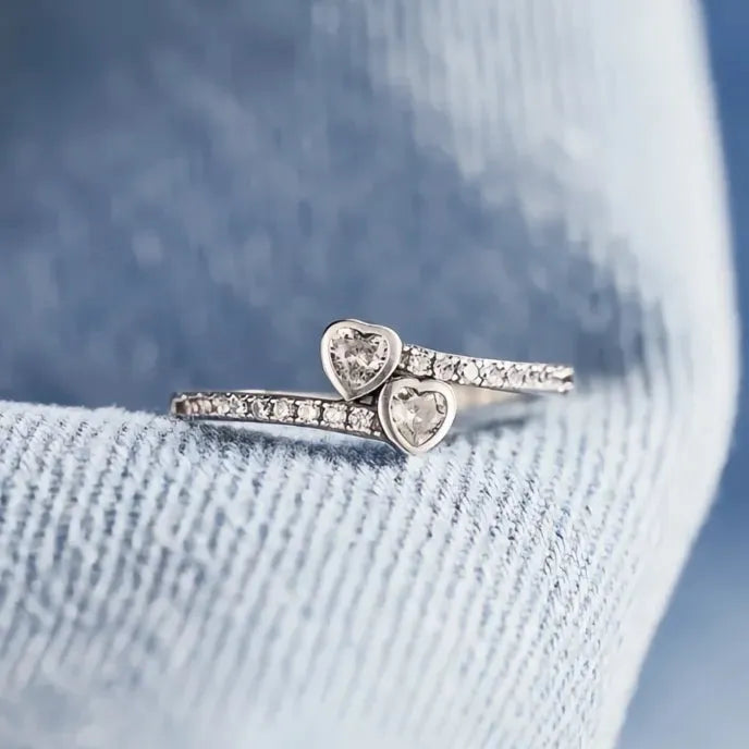 Double Heart Shaped Brass Ring for Women Cubic Zirconia Wedding Band Fashion Jewelry