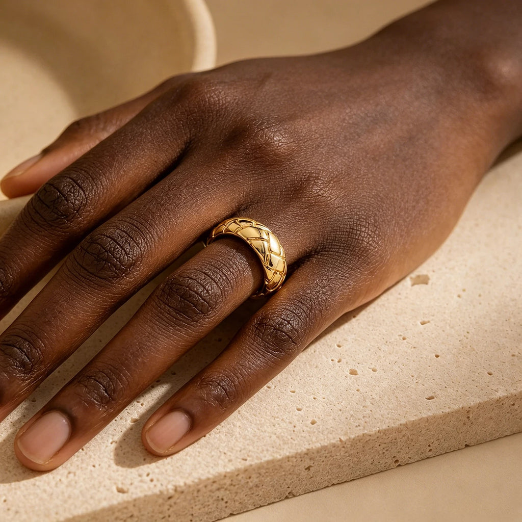 Gold Plated Quilted Dome Copper Ring Geometric Chunky Band for Women Gift