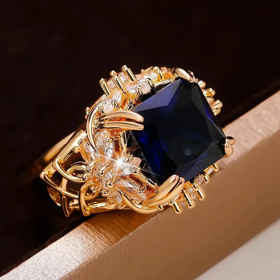Dark Blue CZ Geometric Flower Ring for Women Elegant Jewelry Accessory