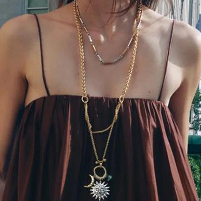 Layered Moon Sun Pendant Necklace for Women Zinc Alloy Vintage Punk Jewelry