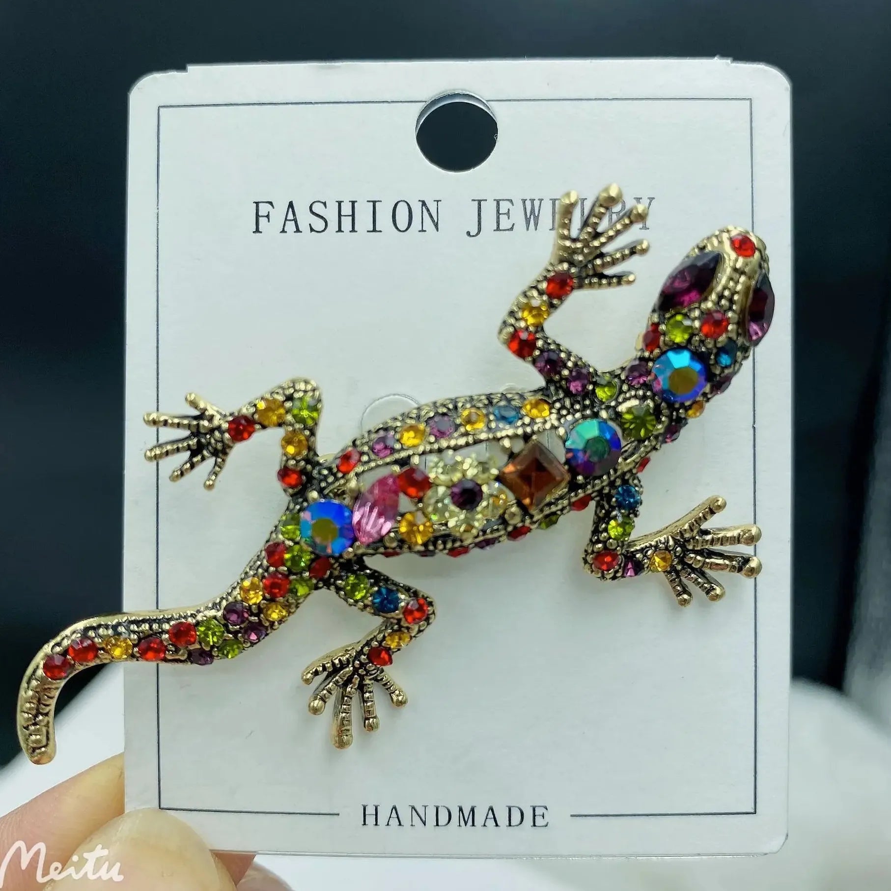 Vintage Multicolor Rhinestone Gecko Brooch Pin for Men and Women Gift