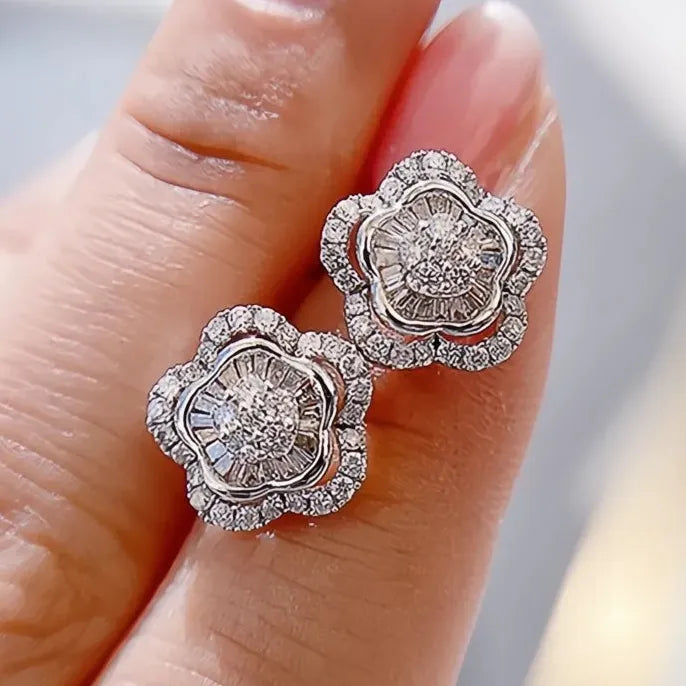 Geometric Silver Flower Cubic Zirconia Wedding Stud Earrings Jewelry