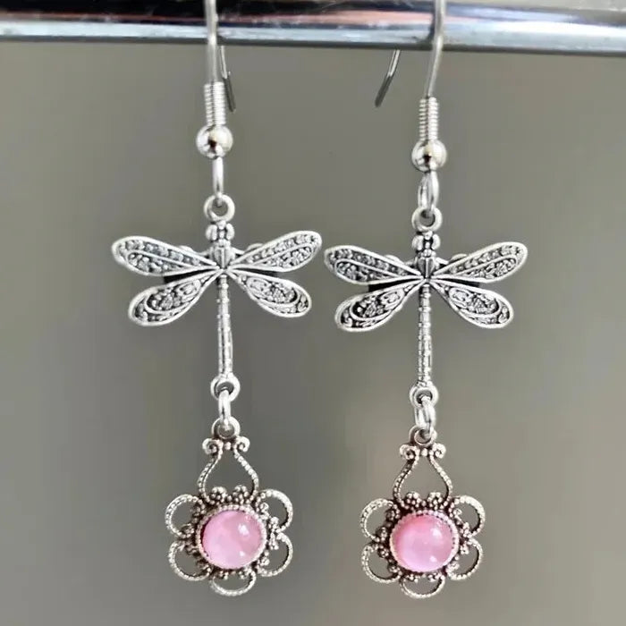 Pink Retro Bohemian Geometric Flower Pendant Drop Earrings for Women Zinc Alloy