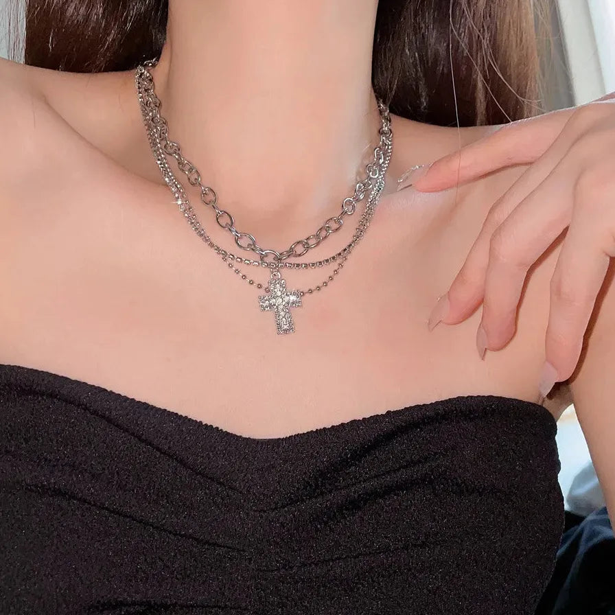 Punk Zircon Cross Pendant Necklace Gothic Jewelry for Men Women Stylish