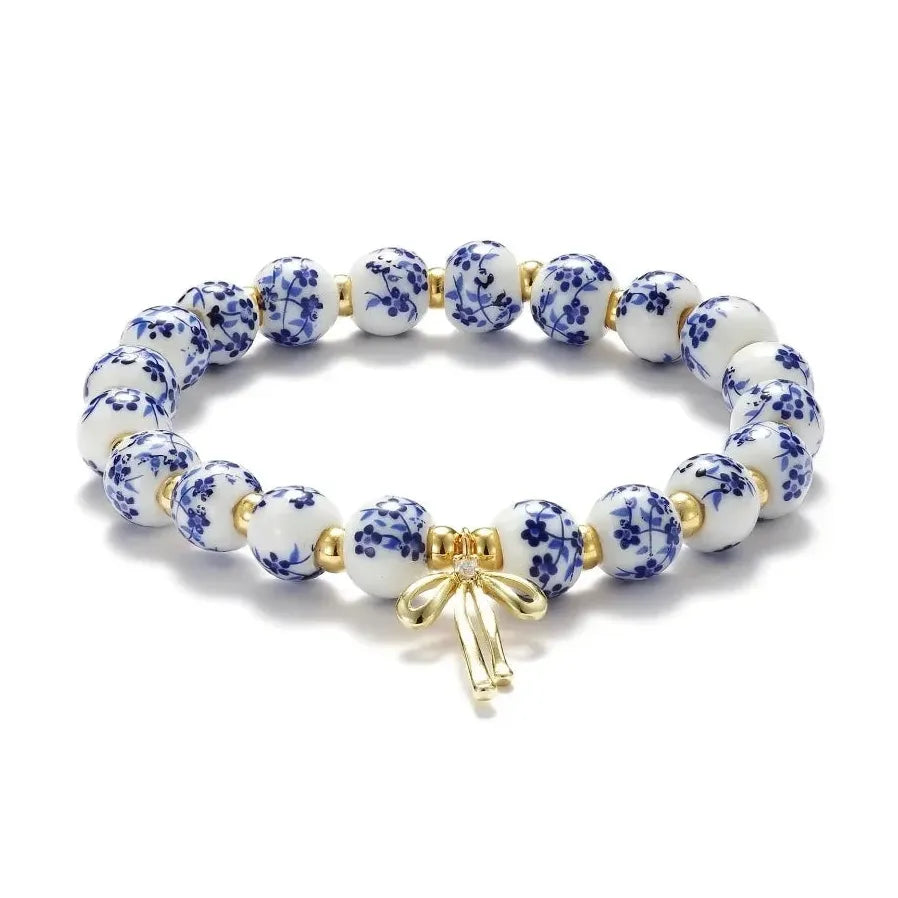 Handmade Blue White Porcelain Beads Bracelet Bowknot Pendant Adjustable Elastic Bangle for Girls