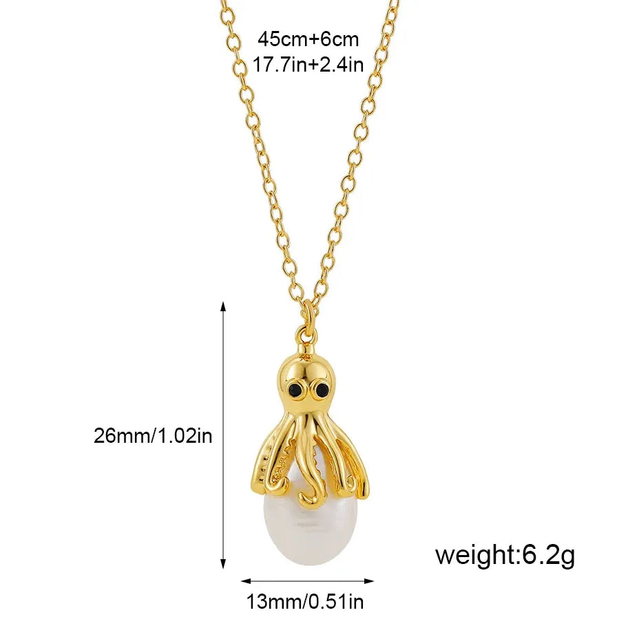 18K Gold Plated Octopus Pearl Necklace Ocean Jewelry Dainty Choker Pendant