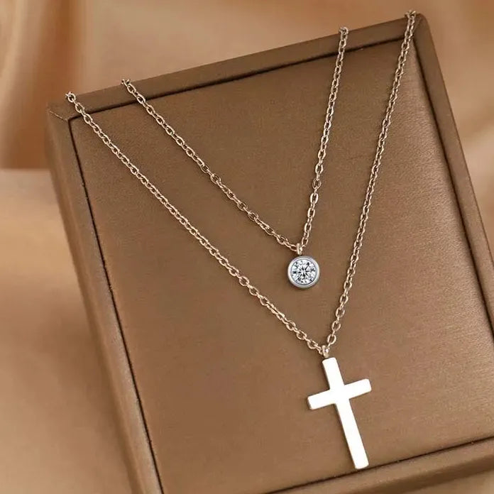 Stainless Steel Gold Cross Pendant Necklace for Women Double Layer Chain Jewelry Gift