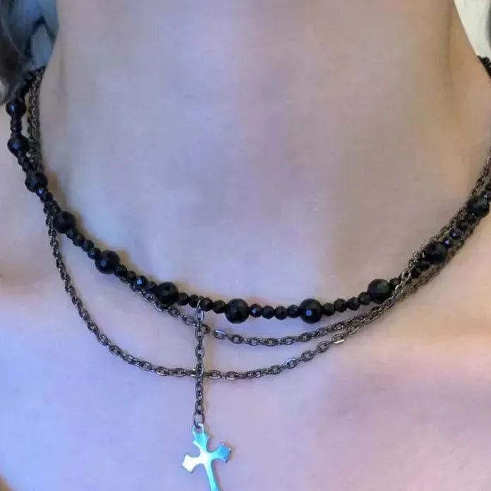 Vintage Gothic Punk Y2K Black Crystal Cross Pendant Necklace for Women Faith Jewelry