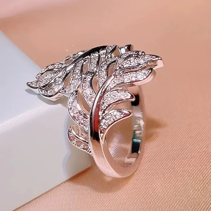 Silver Plated Leaves Ring with Crystal Cubic Zirconia Wedding Band for Women