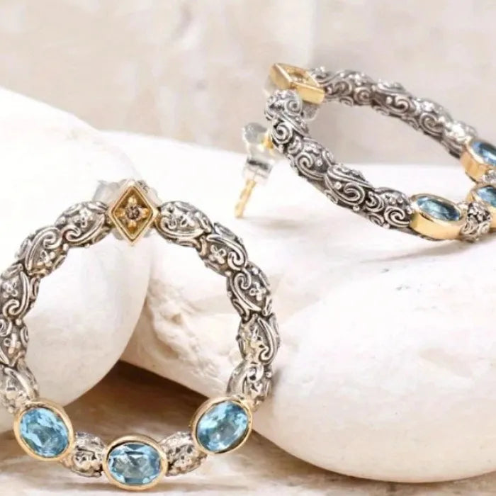 Vintage Inlaid Blue Semi-Precious Stone Zinc Alloy Bohemian Round Earrings Gift