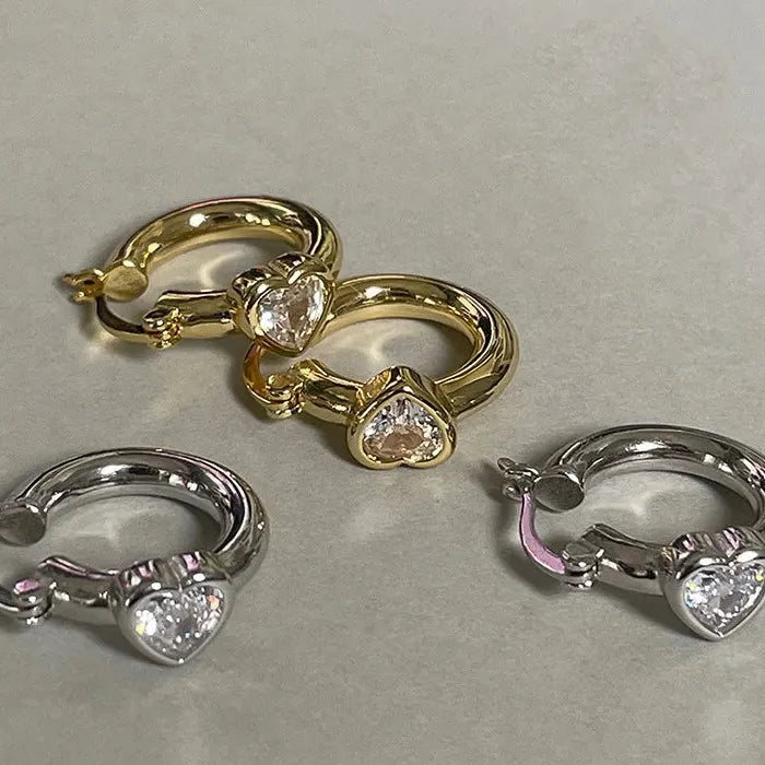 Shiny Zircon Heart Buckle Hoop Earrings Copper Stainless Steel 2026