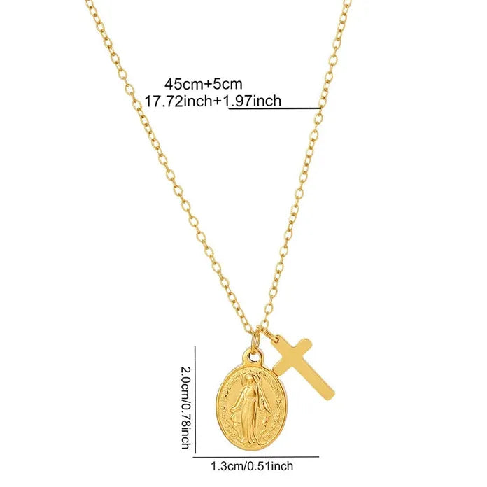 Stainless Steel Cross Pendant Necklace Retro Virgin Mary Collarbone Gift