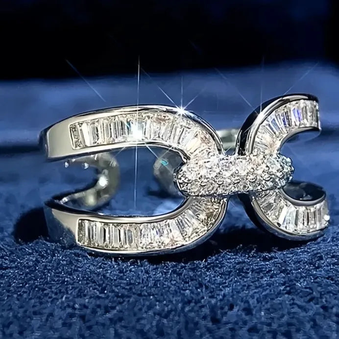 Adjustable Women's Cross Finger Ring Silver Tone Cubic Zirconia Wedding Band