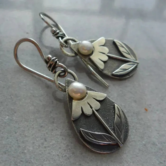Vintage Bohemian 3D Carved Flower Pendant Pearl Drop Earrings for Women Gift