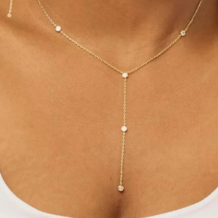 Gold Double Layered Y-Shaped Choker Necklace Featuring Crystal Tassel for Women