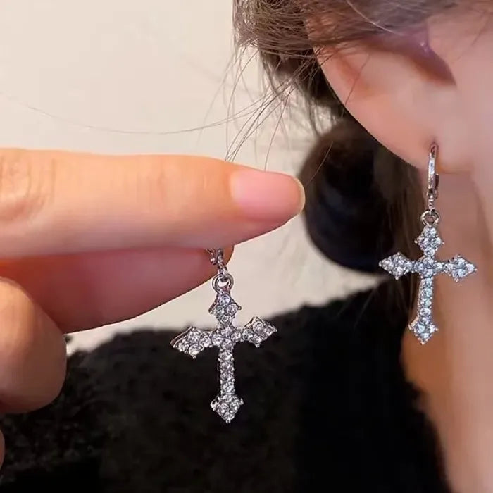 Korean Fashion Stainless Steel Cross Earrings with Rhinestone Zircon