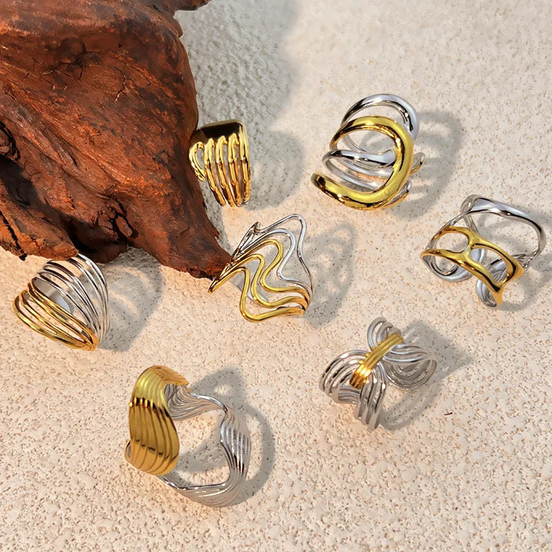 18k Gold Plated Punk Geometric Hollow Out Wide Wire Ring for Women Party Jewelry