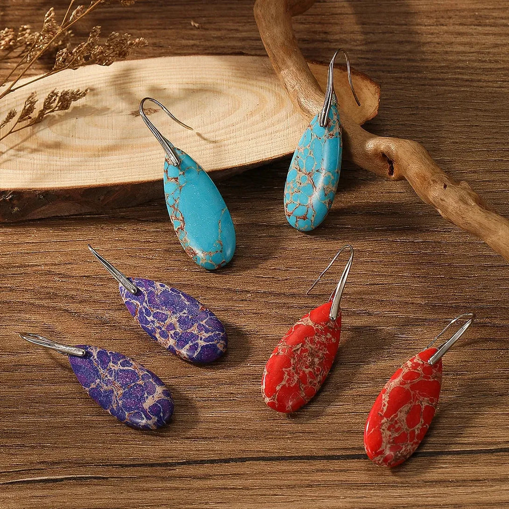 Boho Silver Teardrop Dangle Earrings with Red Jasper Natural Stone for Women