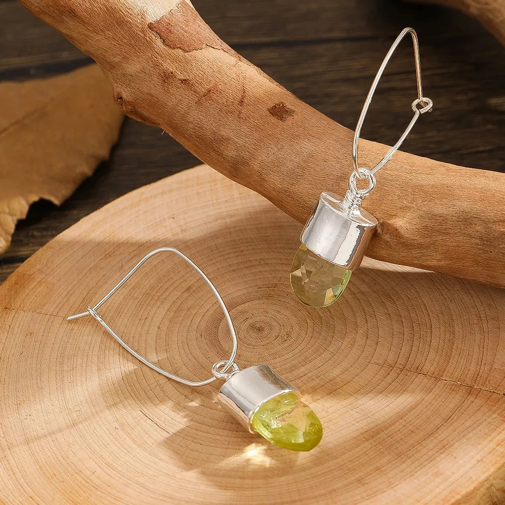 Silver Geometric Drop Earrings with Natural Stone Zinc Alloy Bridal Jewelry Gift
