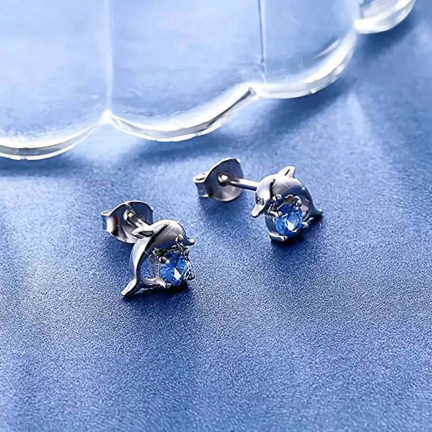 Ocean Blue Dolphin Cubic Zirconia Stud Earrings for Women Cute Animal Jewelry Gift