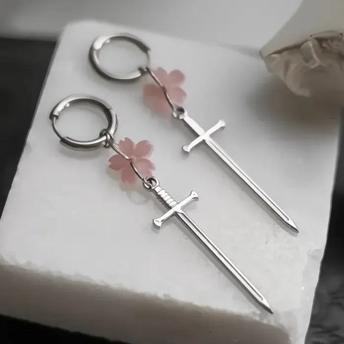 Punk Black Sakura Blade Small Hoop Earrings Gothic Cherry Blossom Jewelry