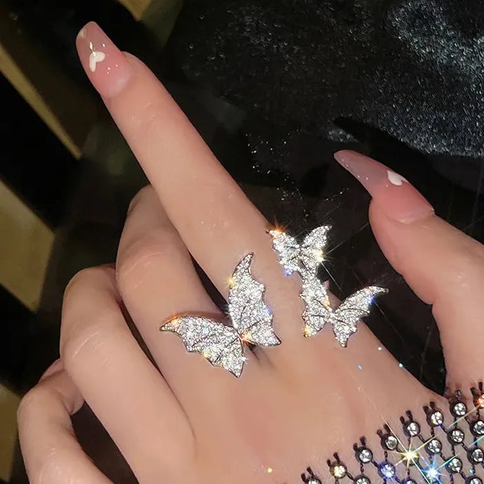 Adjustable Luxury Silver Butterfly Zircon Ring for Women Fashion Jewelry