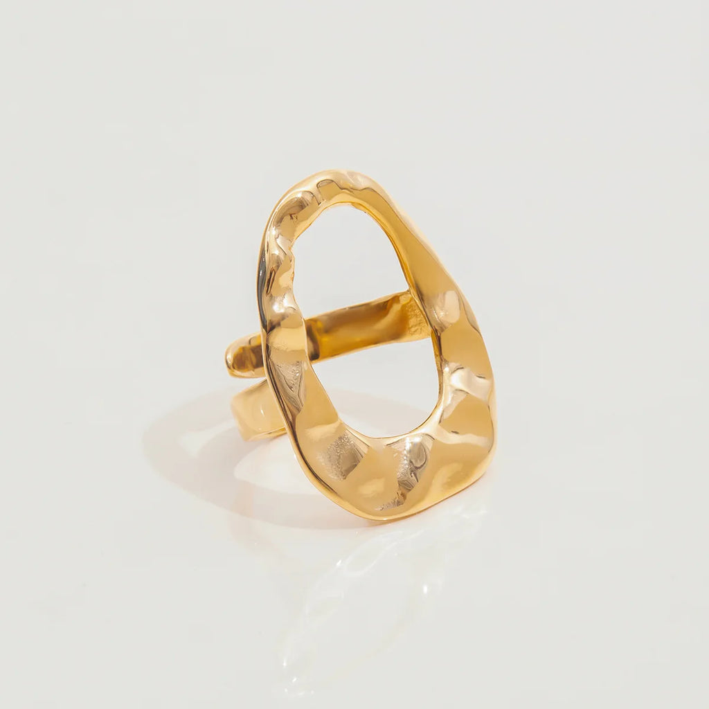 18k Gold Plated Stainless Steel Oversize Hollow Geometric Spiral Pearl Ring for Women