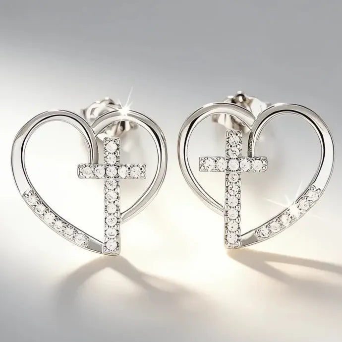 Heart Cross Cubic Zirconia Stud Earrings Copper Alloy Religious Jewelry Gift