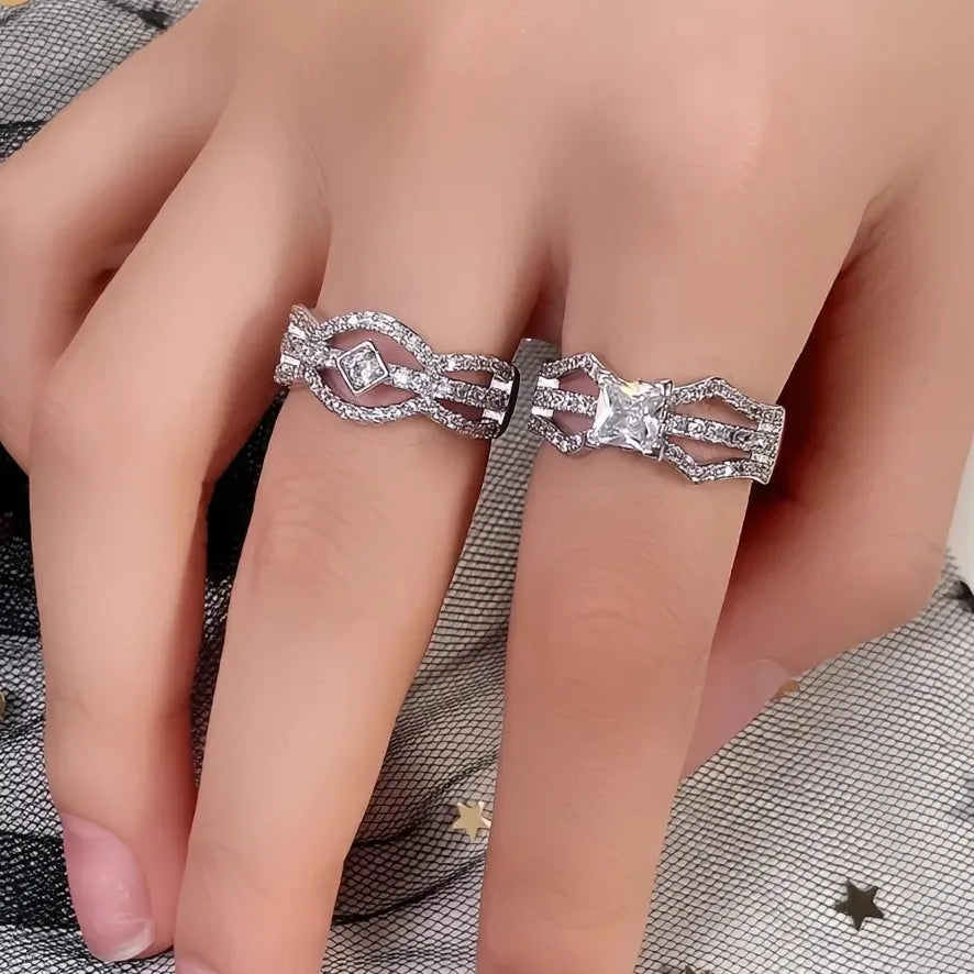 Luxury Bridal 2-Piece Cubic Zirconia Brass Wedding Engagement Ring Set Women